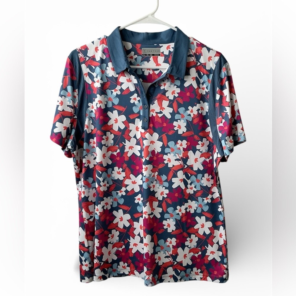 ⛳️ PGA Tour Blue and Red Floral Women’s Polo Shirt XL